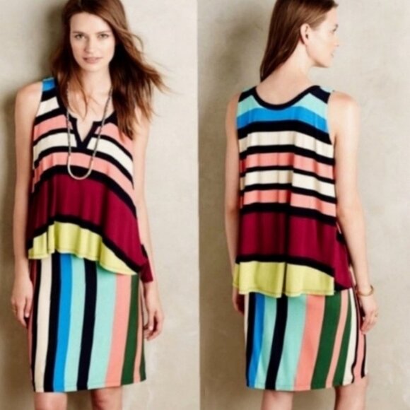 Anthropologie Davina Dress Rainbow Stripe Layered Rainbow Size Small Bohemian‎ S - Picture 1 of 9